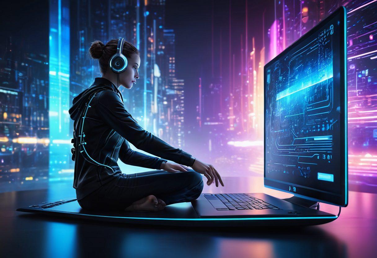 A futuristic scene depicting a person surfing the internet on a sleek device, surrounded by digital locks and shields symbolizing security and privacy. The backdrop features a vibrant ocean wave, representing the flow of online information, while binary code subtly integrates into the wave. The atmosphere is energetic yet serene, suggesting a balance between exploration and safety. bright colors. 3D. cyberpunk.