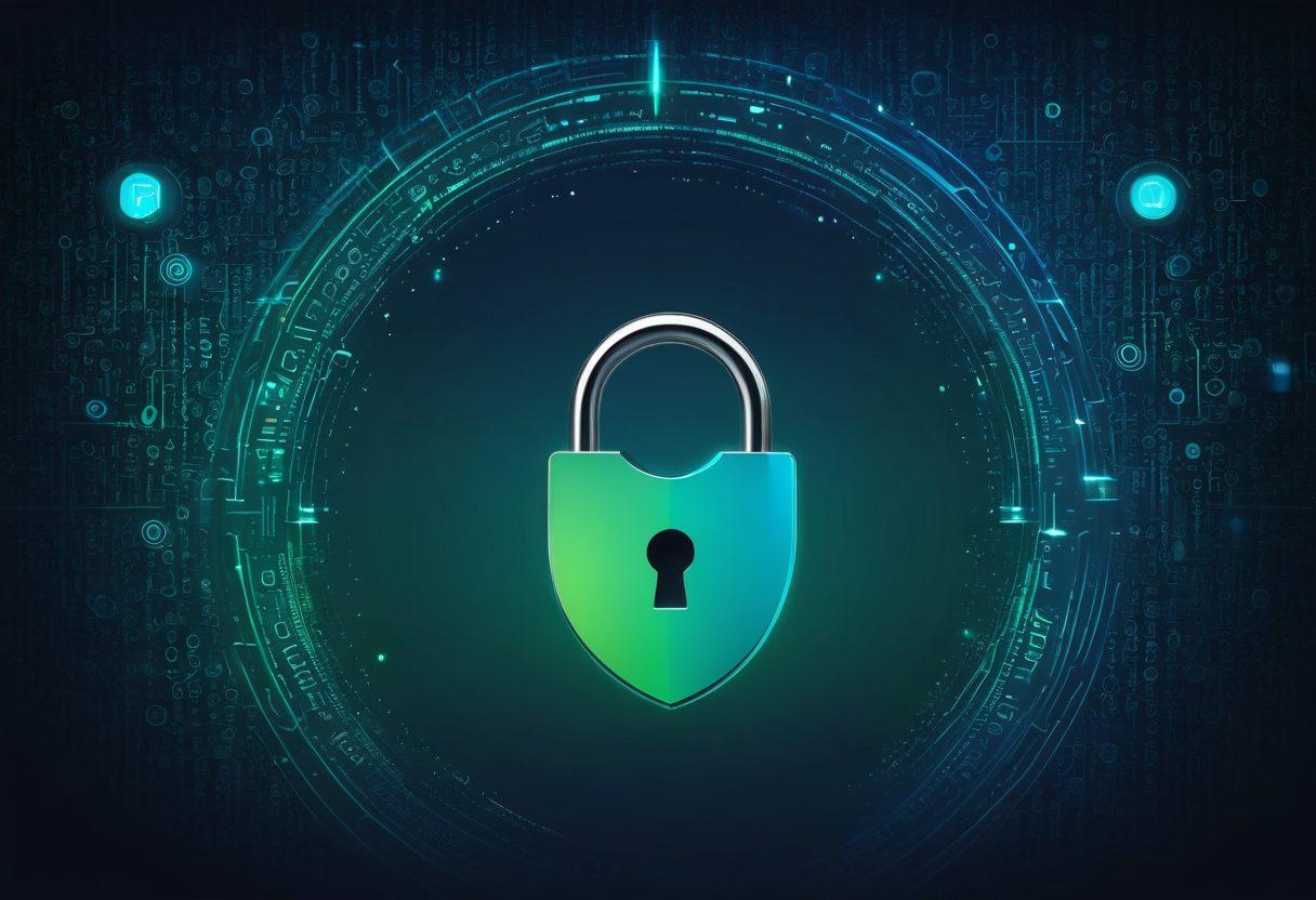 A digital landscape featuring a locked padlock symbolizing security, surrounded by various online tools like VPN icons, a digital shield, and a globe representing freedom. The background is a gradient blend of dark blue and cyber green, symbolizing anonymity and privacy. Scattered binary code adds a techy feel. Modern and sleek design elements highlight the importance of online browsing safety. high-tech digital art. vibrant colors.